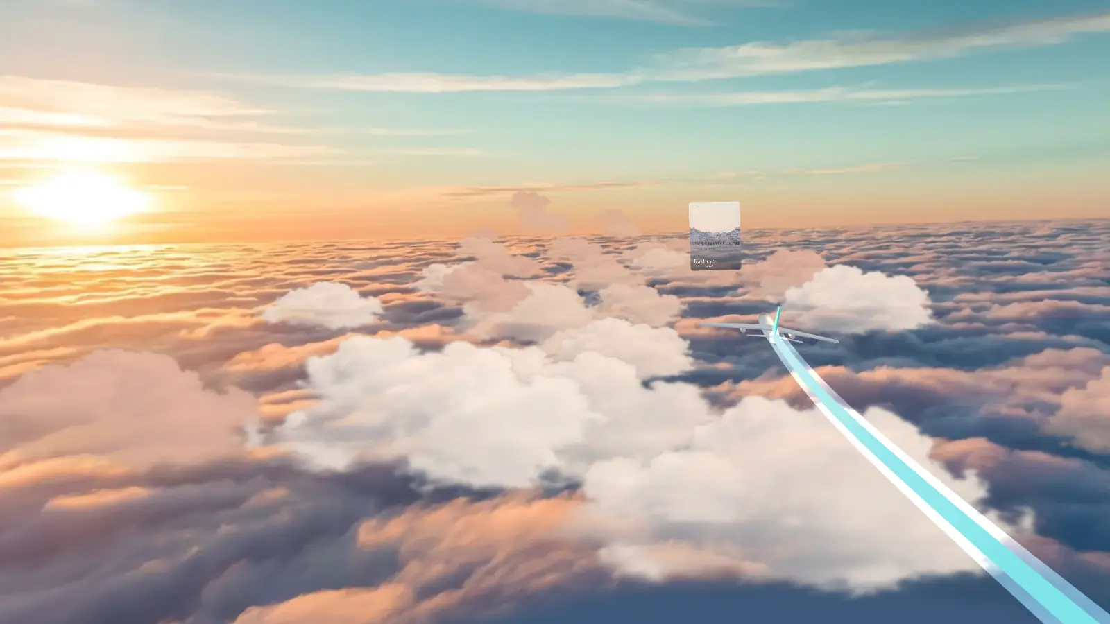 An aircraft drawing a bright curved trail above a sea of clouds at sunrise