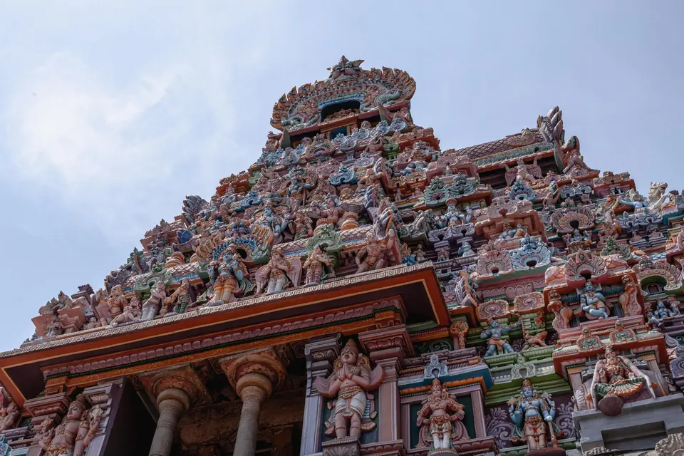 The painted gopuram of the Sri Ranganathaswamy Temple at Srirangam, Tiruchirappalli